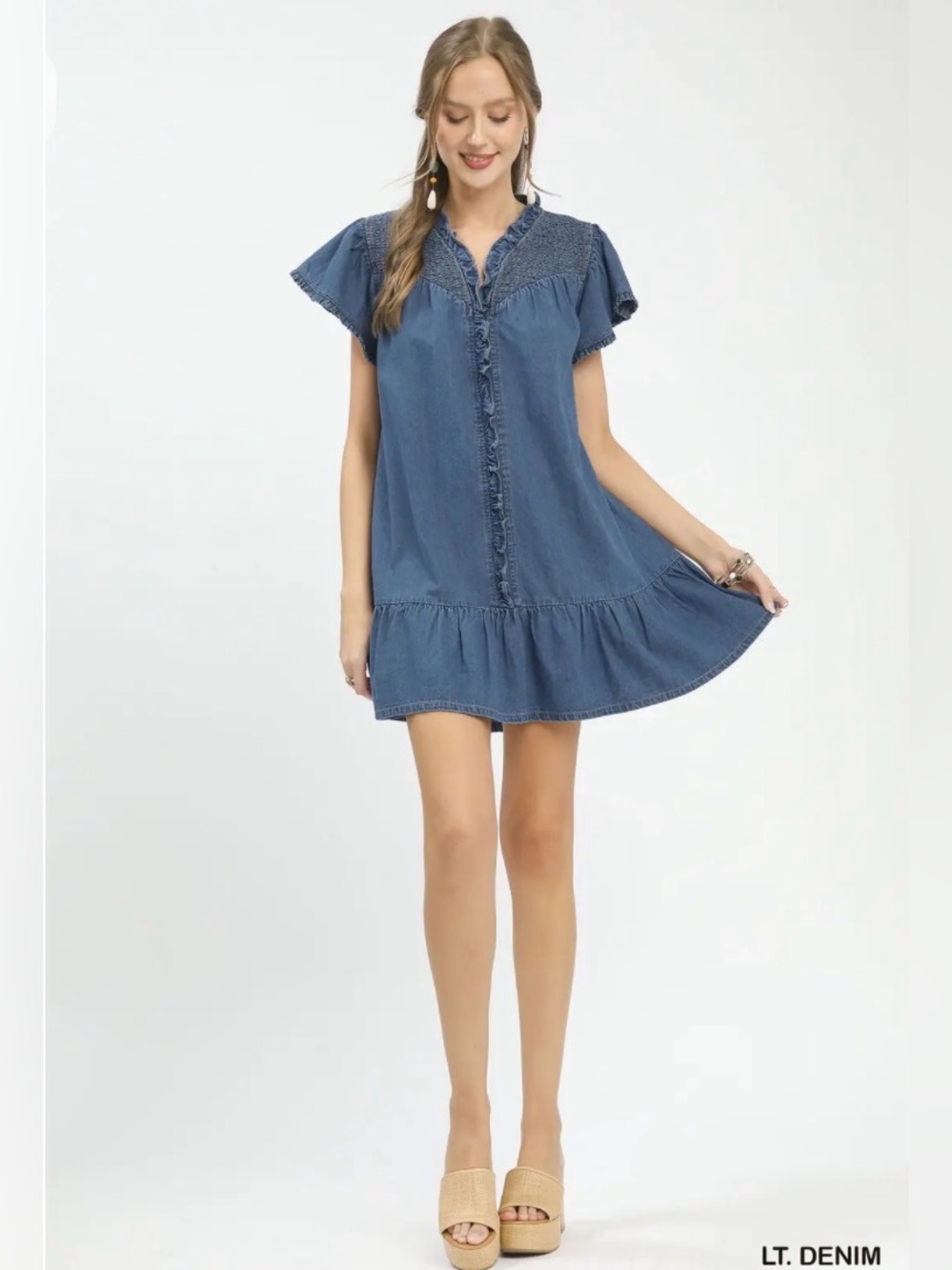 👗 Umgee Ruffled Washed Lt. Denim Dress | Casual Chic Boho Mini Dress 👗